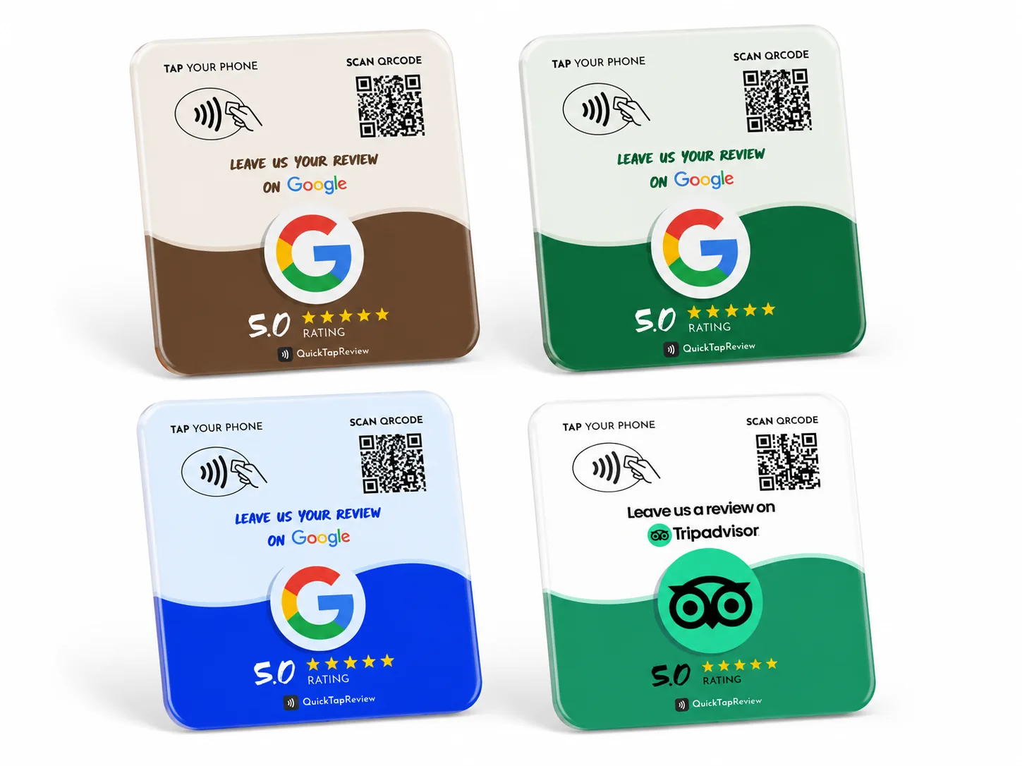 Bốn mẫu bảng NFC: nâu, xanh lá, xanh dương dẫn tới Google và một mẫu trắng xanh dẫn tới Tripadvisor